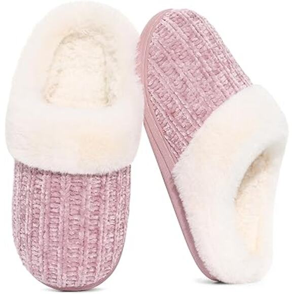 New Evshine Womens Size 10 Pink Knit White Faux Fur Slide On Warm House Slippers - Picture 1 of 6